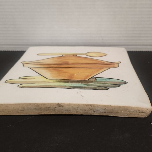 Vintage Kitchen Clay Tile Hand Painted with a Lidded Pot & Spoon Grazed 8.25" - Picture 4 of 8